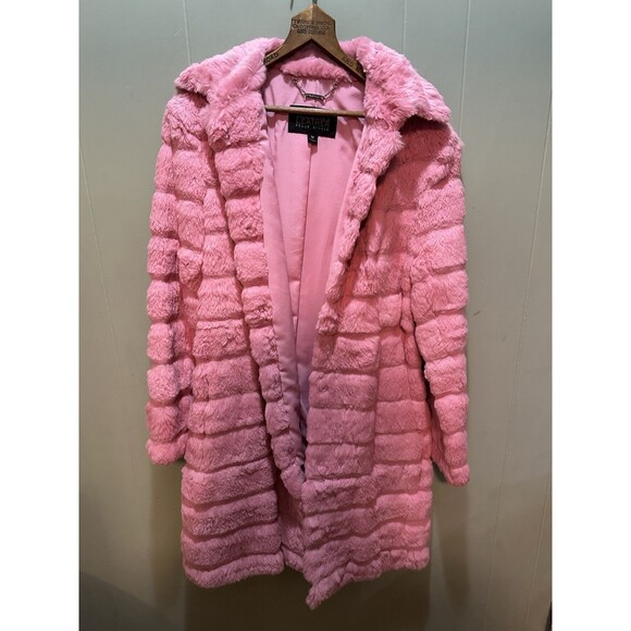 Wilsons Leather Pelle Studio Women’s Barbiecore Pink Rabbit Fur Trench Coat Sz M - Picture 1 of 7